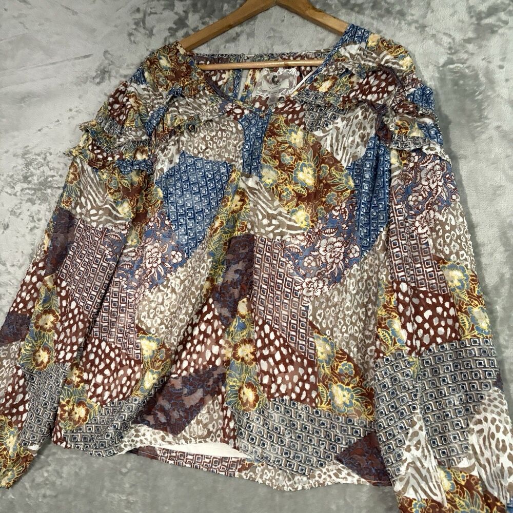 NWT Cupio Long Sleeve Patchwork Blouse Top Boho Layered Sheer Size XL Paisley